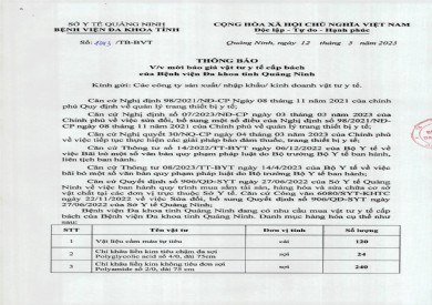 Thông báo mời báo giá vật tư y tế cấp bách (1343)