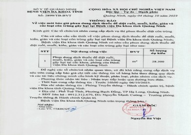 Thông báo mời báo giá phun dung dịch thuốc để diệt ruồi, muỗi, kiến, gián và các loại côn trùng gây hại (2899)