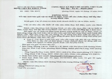 Thông báo mời báo giá vật tư thiết bị điện, nước để sửa chữa thay thế lắp đặt (2881)