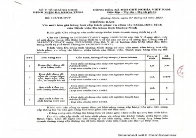 Thông báo mời báo giá hàng hoá cấp bách phục vụ công tác khám chữa bệnh (303)