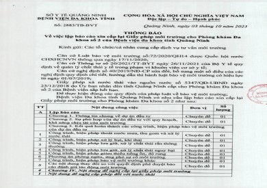 Thông báo lập báo cáo xin cấp lại giấy phép môi trường PKĐK số 2 (2883)