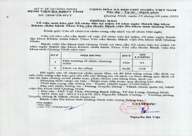 Thông báo mời báo giá tổ chức tiệc kỷ niệm 10 năm ngày thành lập khoa khám chữa bệnh theo yêu cầu (2804)