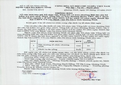 Mời báo giá tổ chức tiệc tổng kết và trao thưởng đội thi cán bộ kiểm tra giỏi năm 2023; Tổng kết và trao thường Đoàn VĐV, HLV tham dự hội thao ngành y tế QN năm 2023; Lễ kỷ niệm 93 năm ngày thành lập hội LHPV VN (3248)