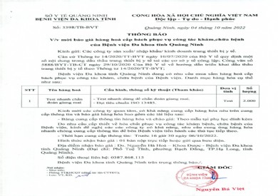 Mời báo giá hàng hoá cấp bách phục vụ công tác khám chữa bệnh (3398)