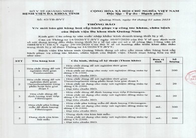 Thông báo mời báo giá hàng hóa cấp bách phục vụ công tác khám, chữa bệnh của Bệnh viện Đa khoa tỉnh Quảng Ninh (43)