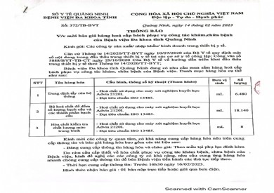 Mời báo giá hàng hoá cấp bách phục vụ công tác khám chữa bệnh (372)