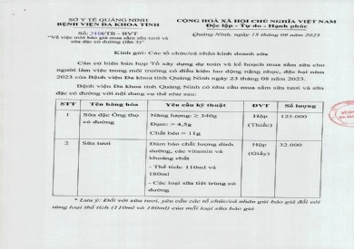 Mời báo giá mua sắm sữa tươi và sữa đặc có đường (2701)
