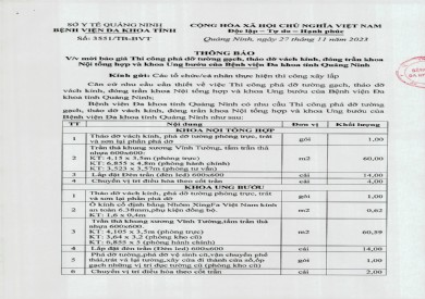 Mời báo giá thi công phá dỡ tường gạch, tháo dỡ vách kính, đóng trần khoa Nội tổng hợp và khoa Ung bướu (3551)