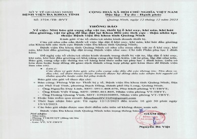 Mời báo giá cung cấp vật tư, thiết bị ổ khí oxy, khí nén, khí hút đầu giường, vật tư phụ để lắp đặt tại Khoa hồi sức tích cực - thận nhân tạo (3724))