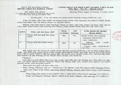 Mời báo giá sửa chữa và thay thế vật tư cho bơm tiêm cản quang (3801)