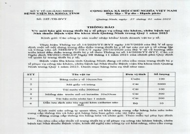 Thông báo mời báo giá trang thiết bị y tế phục vụ công tác khám, chữa bệnh tại Nhà thuốc Bệnh viện (215)