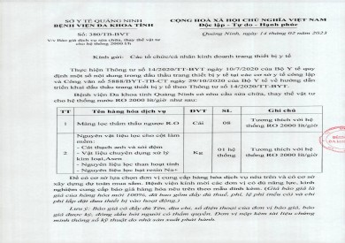 Thông báo báo giá dịch vụ sửa chữa, thay thế vật tư cho hệ thống 2000 1/h (380)