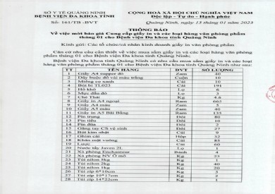 Thông báo mời báo giá cung cấp giấy in và các loại hàng văn phòng phẩm tháng 1 (161)