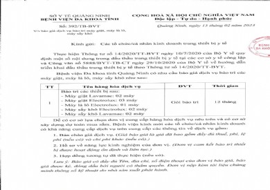 Thông báo báo giá dịch vụ bảo trì máy giặt, máy là lô, máy sấy khô (392)