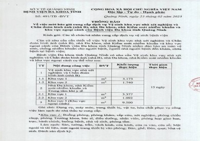 Thông báo mời báo giá cung cấp dịch vụ Vệ sinh (491)