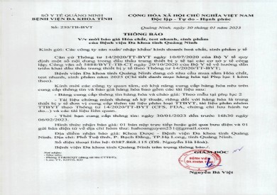 Thông báo mời báo giá hóa chất, test nhanh, sinh phẩm (230)