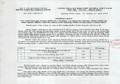 Thông báo mời báo giá trang thiết bị y tế (234)