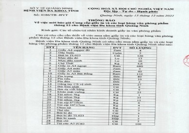 Thông báo mời báo giá cung cấp giấy in và các loại hàng văn phòng phẩm tháng 12 (4186)