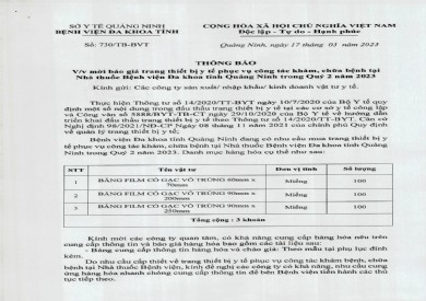 Thông báo mời báo giá trang thiết bị y tế (730)