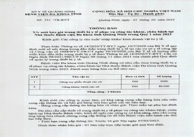 Thông báo mời báo giá trang thiết bị y tế phục vụ công tác khám, chữa bệnh (551)