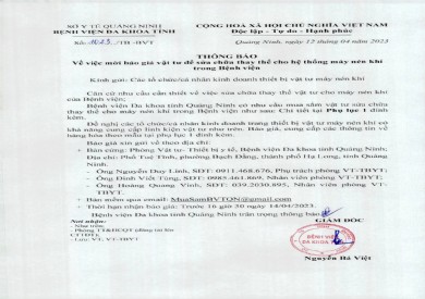 Thông báo mời báo giá vật tư để sửa chữa thay thế cho hệ thống máy nén khí (1023)