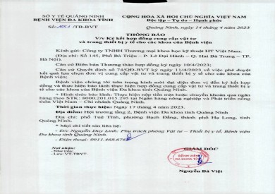 Thông báo ký kết hợp đồng cung cấp vật tư và trang thiết bị y tế (1051)