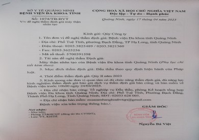 Thông báo đề nghị thẩm định giá máy thận nhân tạo (1074)