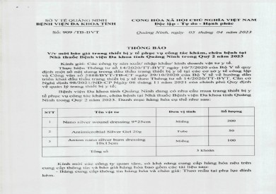 Thông báo mời báo giá trang thiết bị y tế (909)