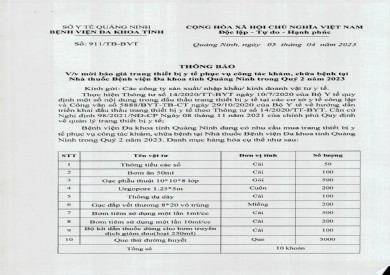 Thông báo mời báo giá trang thiết bị y tế (911)