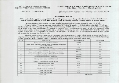 Thông báo mời báo giá trang thiết bị y tế (913)