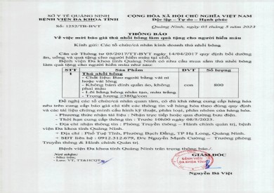 Thông báo mời báo giá thú nhồi bông làm quà tặng cho người hiến máu (1252)