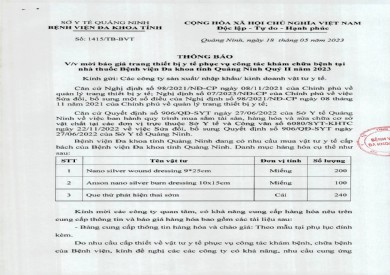 Thông báo mời báo giá trang thiết bị y tế (1415)