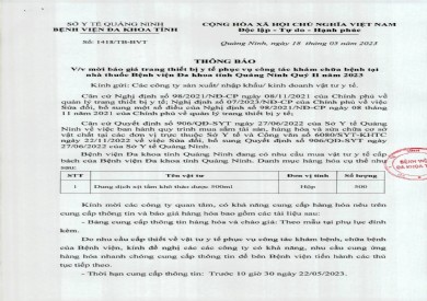 Thông báo mời báo giá trang thiết bị y tế (1418)
