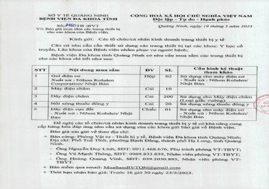 Thông báo mời báo giá mua sắm các trang thiết bị (1460)