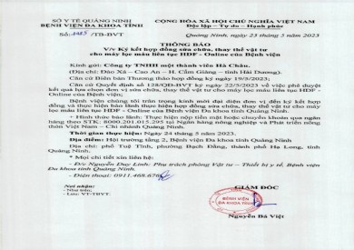 Thông báo ký kết hợp đồng sửa chữa thay thế vật tư cho máy lọc máu liên tục HDF (1485)