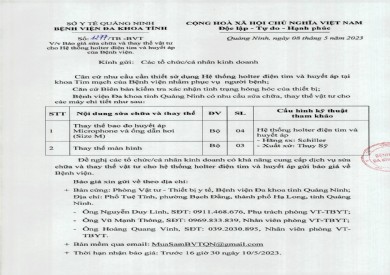 Thông báo báo giá sửa chữa và thay thế vật tư cho hệ thống holter điện tim và huyết áp (1277)