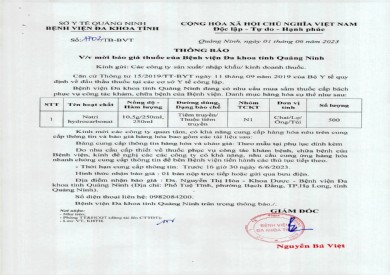 Thông báo mời báo giá thuốc của Bệnh viện (1702)