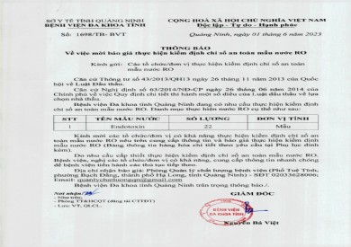Thông báo mời báo giá thực hiện kiểm định chỉ số an toàn mẫu nước RO (1698)