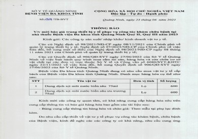 Mời báo giá trang thiết bị y tế phục vụ công tác khám chữa bệnh (1934)