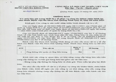 Mời báo giá trang thiết bị y tế phục vụ công tác khám chữa bệnh (1930)
