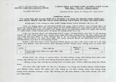 Mời báo giá trang thiết bị y tế phục vụ công tác khám chữa bệnh (1931)