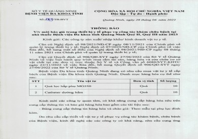 Mời báo giá trang thiết bị y tế phục vụ công tác khám chữa bệnh (1969)