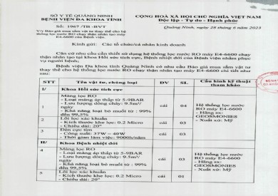 Báo giá mua sắm vật tư thay thế cho hệ thống lọc nước RO chạy thận nhân tạo (1967)