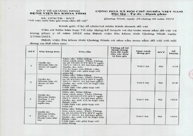 Thông báo mời báo giá mua sắm đồ vải và trang phục y tế (1976)