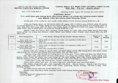 Mời báo giá hàng hóa cấp bách phục vụ công tác khám chữa bệnh (1737)