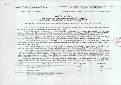 Mời báo giá vật tư y tế cấp bách của Bệnh viện (1564)