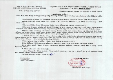 Thông báo ký kết kết hợp đồng cung cấp vật tư và trang thiết bị y tế (1762)