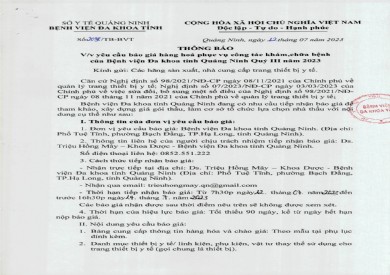 Mời báo giá phục vụ công tác khám, chữa bệnh của bệnh viện Quý III năm 2023 (2098)