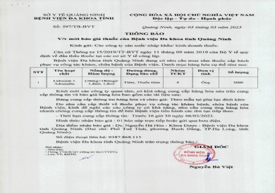 Thông báo mời báo giá của bệnh viện Đa khoa tỉnh Quảng NInh (597)