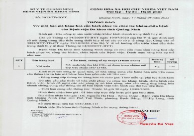 Thông báo mời báo giá hàng hóa cấp bách phục vụ công tác khám, chữa bệnh của Bệnh viện Đa khoa tỉnh Quảng Ninh (2913)